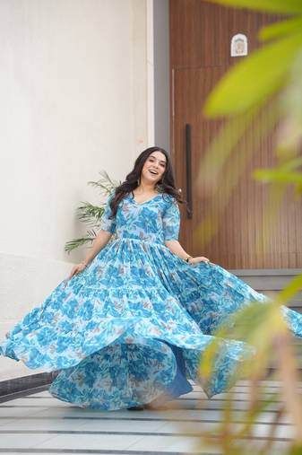Sky-blue color faux georgette printed flair gown