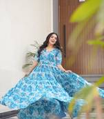 Sky-blue color faux georgette printed flair gown