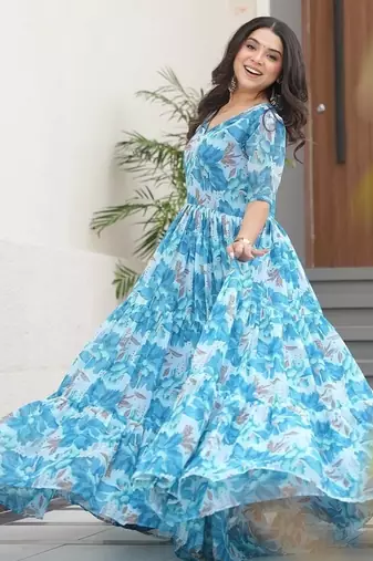 Sky-blue color faux georgette printed flair gown