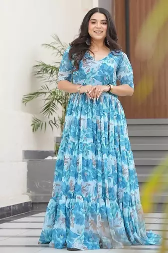 Sky-blue color faux georgette printed flair gown