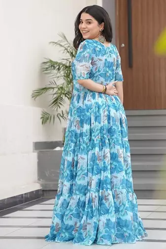 Sky-blue color faux georgette printed flair gown