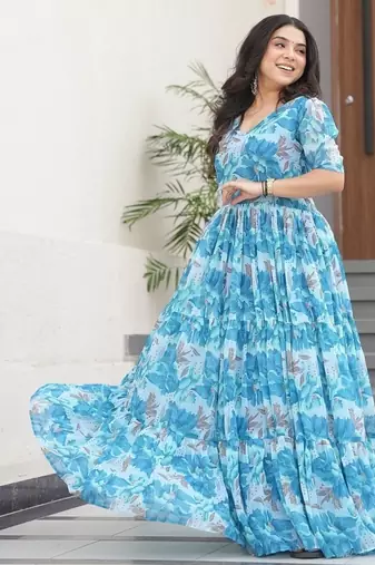 Sky-blue color faux georgette printed flair gown