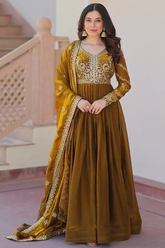 Mehandi green color fendi silk zari sequins work gown dupatta