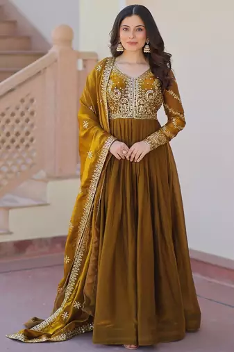 Mehandi green color fendi silk zari sequins work gown dupatta