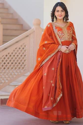 Orange color fendi silk zari sequins work gown dupatta