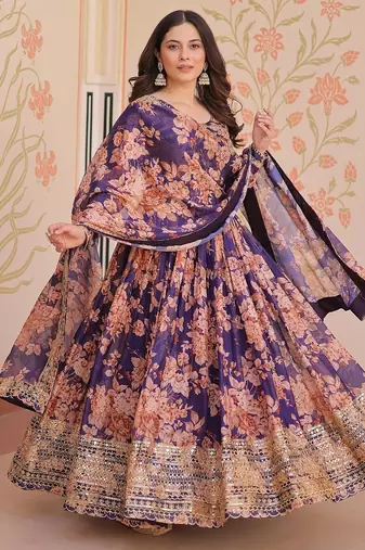 Purple color digital printed with sequins work russian silk gown dupatta