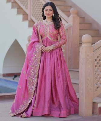 Pink sequins multi embroidered work gold crush gown dupatta 1