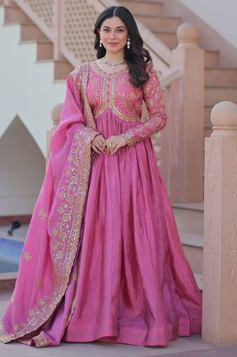 Pink color sequins multi embroidered work gold crush gown dupatta