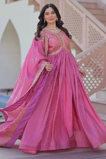 Pink color sequins multi embroidered work gold crush gown dupatta