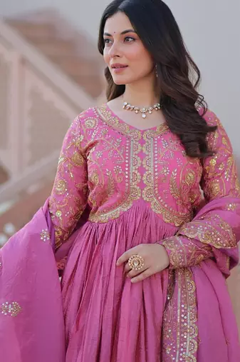 Pink color sequins multi embroidered work gold crush gown dupatta