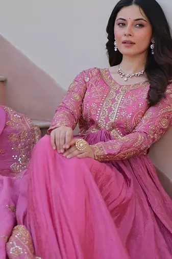 Pink color sequins multi embroidered work gold crush gown dupatta