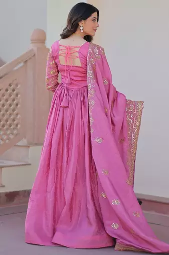 Pink color sequins multi embroidered work gold crush gown dupatta