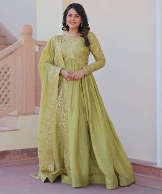 Pista green sequins multi embroidered work gold crush gown dupatta 1