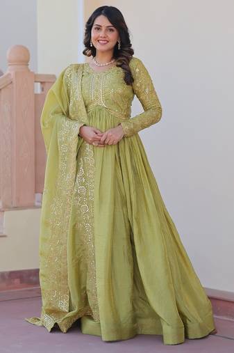 Pista green color sequins multi embroidered work gold crush gown dupatta
