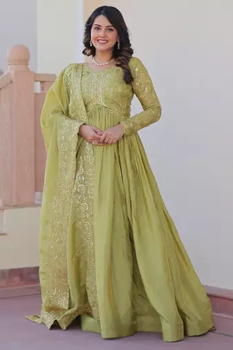 Pista green color sequins multi embroidered work gold crush gown dupatta