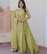 Pista green color sequins multi embroidered work gold crush gown dupatta