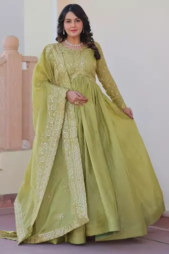 Pista green color sequins multi embroidered work gold crush gown dupatta