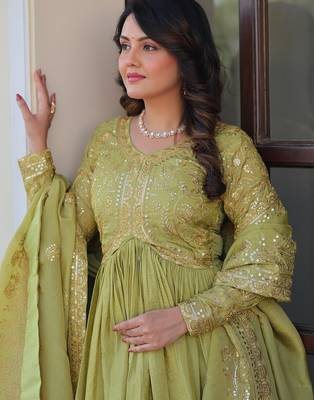 Pista green sequins multi embroidered work gold crush gown dupatta 3