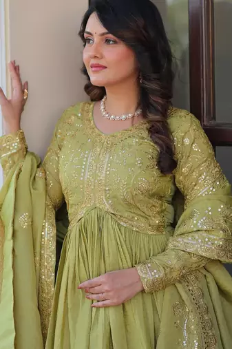 Pista green color sequins multi embroidered work gold crush gown dupatta