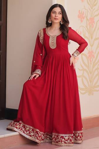 Maroon color zari sequins embroidered georgette gown dupatta