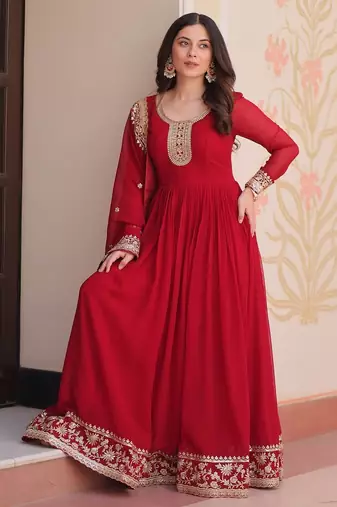 Maroon color zari sequins embroidered georgette gown dupatta