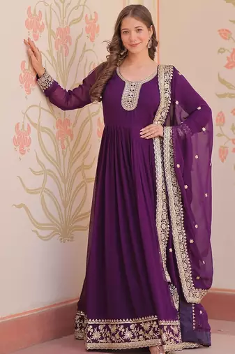 Purple color zari sequins embroidered georgette gown dupatta