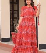 Red color faux georgette printed flair gown