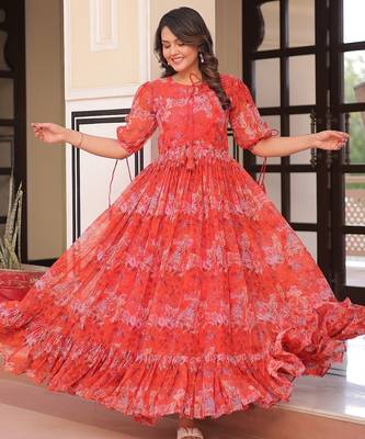 Red faux georgette printed flair gown 3