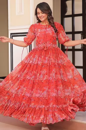 Red color faux georgette printed flair gown