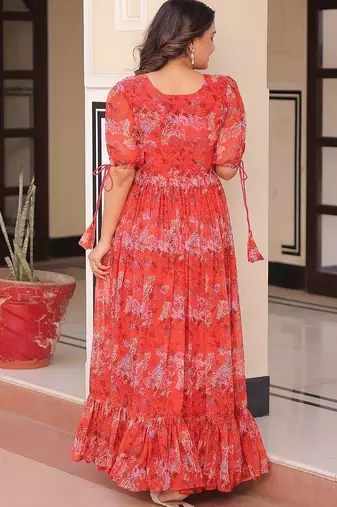 Red color faux georgette printed flair gown