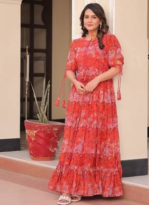Red faux georgette printed flair gown 5