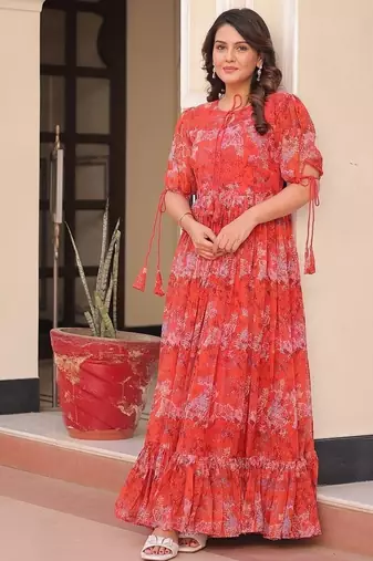 Red color faux georgette printed flair gown