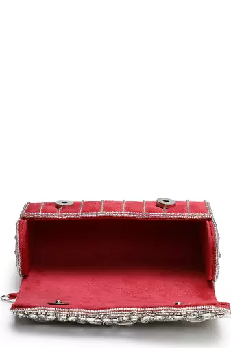 crystal cascade deep pink fuchsia & silver suede clutch
