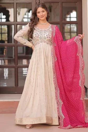 Pink color embroidered cosmos weaving jacquard gown dupatta