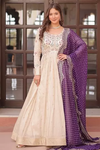 Purple color embroidered cosmos weaving jacquard gown dupatta