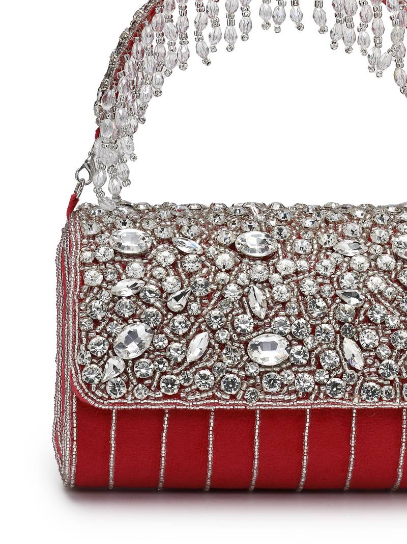 crystal cascade deep pink fuchsia & silver suede clutch