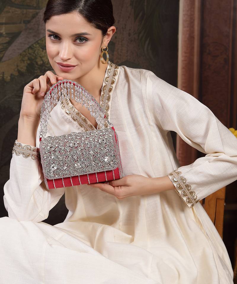 crystal cascade deep pink fuchsia & silver suede clutch