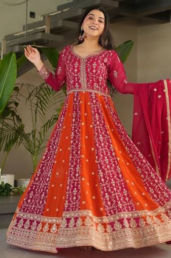 Pink color zari sequins embroidered georgette gown dupatta