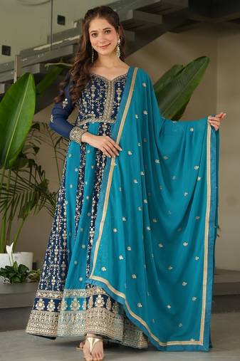 Rama bue color zari sequins embroidered georgette gown dupatta