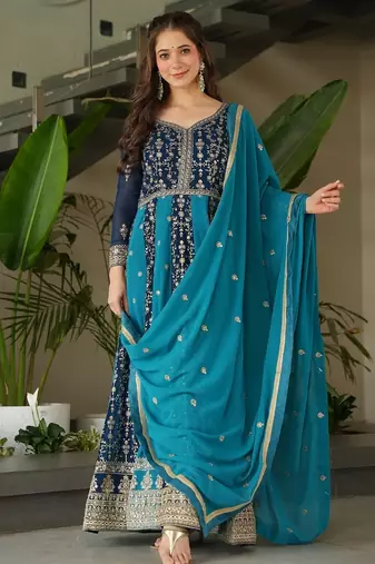 Rama bue color zari sequins embroidered georgette gown dupatta