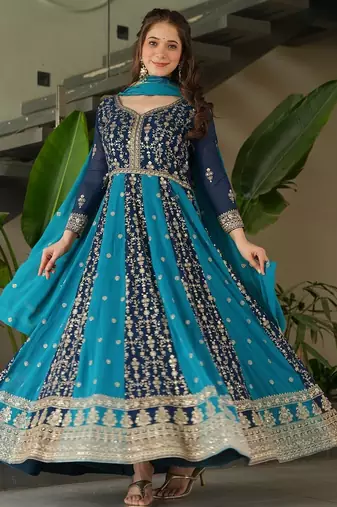 Rama bue color zari sequins embroidered georgette gown dupatta