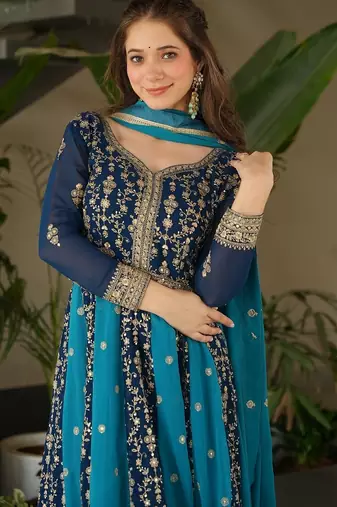 Rama bue color zari sequins embroidered georgette gown dupatta