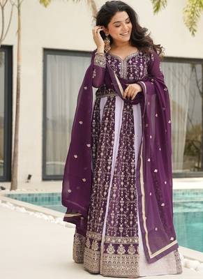Wine zari sequins embroidered georgette gown dupatta 1