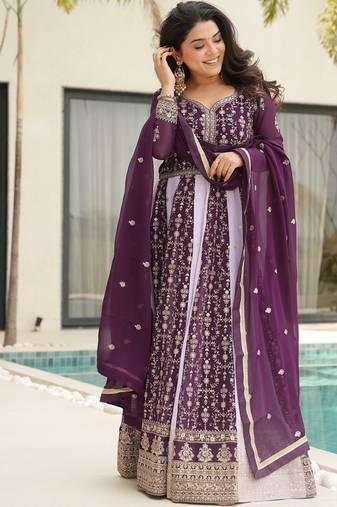 Wine color zari sequins embroidered georgette gown dupatta