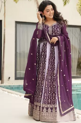 Wine color zari sequins embroidered georgette gown dupatta