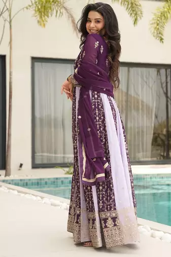 Wine color zari sequins embroidered georgette gown dupatta