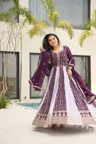 Wine color zari sequins embroidered georgette gown dupatta