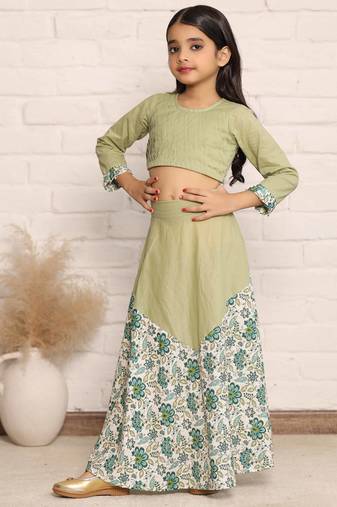 Pista Green and Floral Print Full Sleeve Crop Top and Skirt Set for Girls(set of 2)