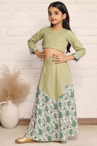 Pista Green and Floral Print Full Sleeve Crop Top and Skirt Set for Girls(set of 2)