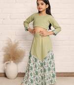 Pista Green and Floral Print Full Sleeve Crop Top and Skirt Set for Girls(set of 2)